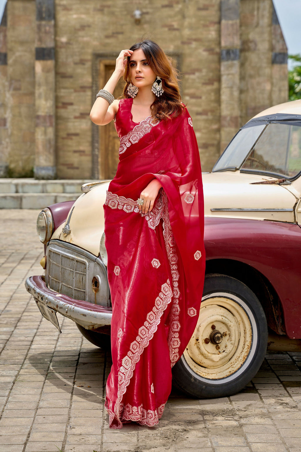 Vastranavya Red Embroidery Work Shimmer Chiffon Saree with Unstitched Blouse | Grocsy