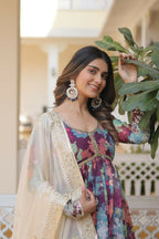 Jyoti Fashion Women's Wine Russian Silk Sequins Zari Embroideredy Anarkali Dress with Dupatta | Grocsy