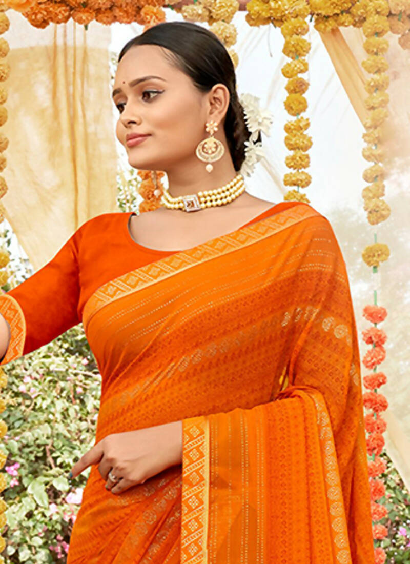 Orange Georgette Foil Printed Saree with Unstitched Blouse Piece - Avika | Grocsy