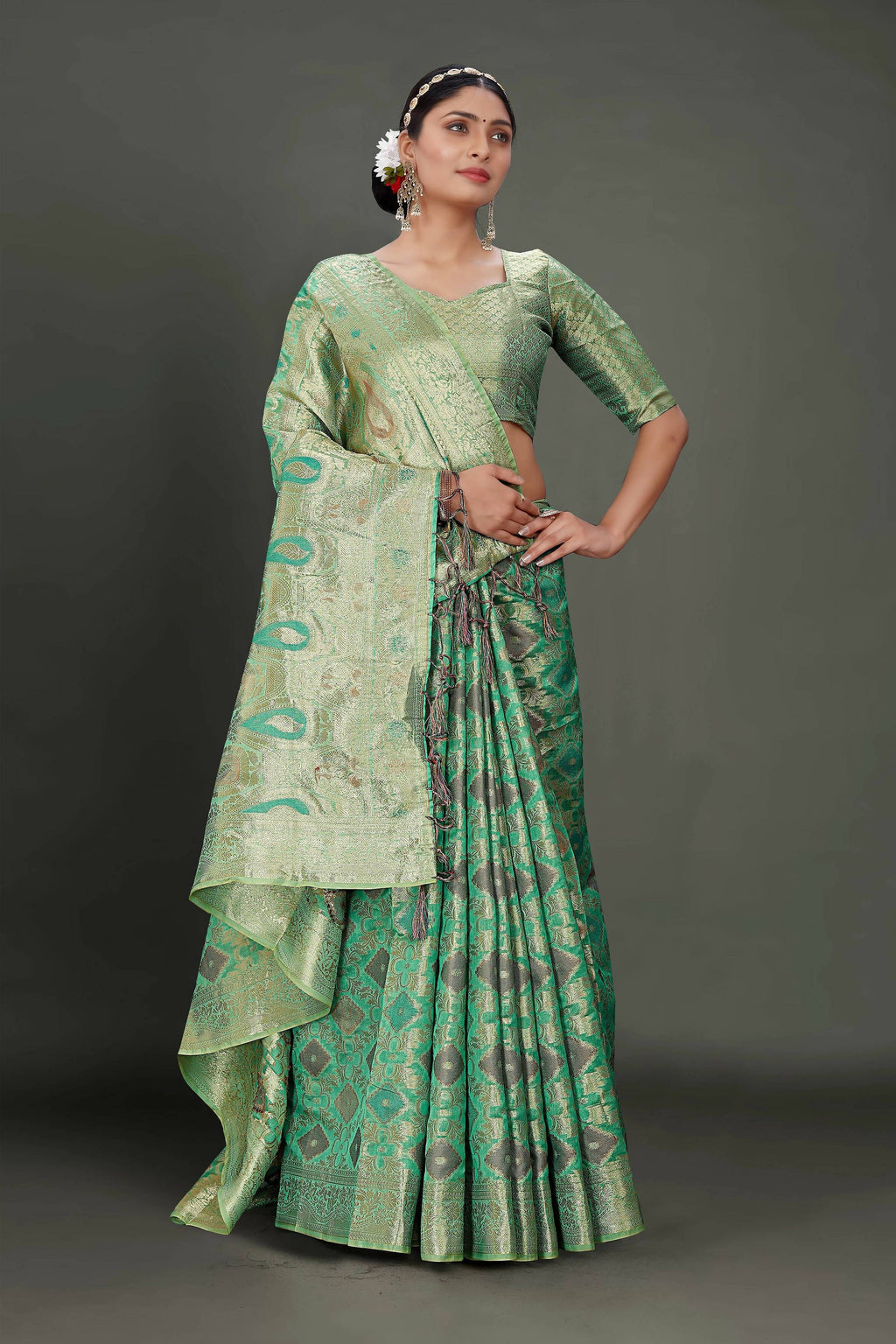 Sea Green Soft Organza Woven Design Saree With Unstitched Blouse Piece - Zaara | Grocsy