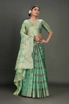 Sea Green Soft Organza Woven Design Saree With Unstitched Blouse Piece - Zaara | Grocsy