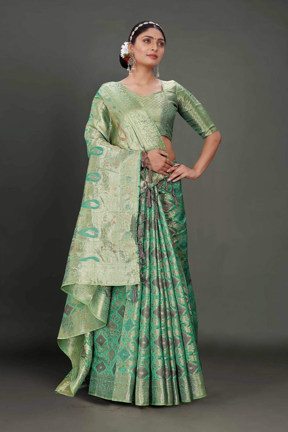 Sea Green Soft Organza Woven Design Saree With Unstitched Blouse Piece - Zaara | Grocsy