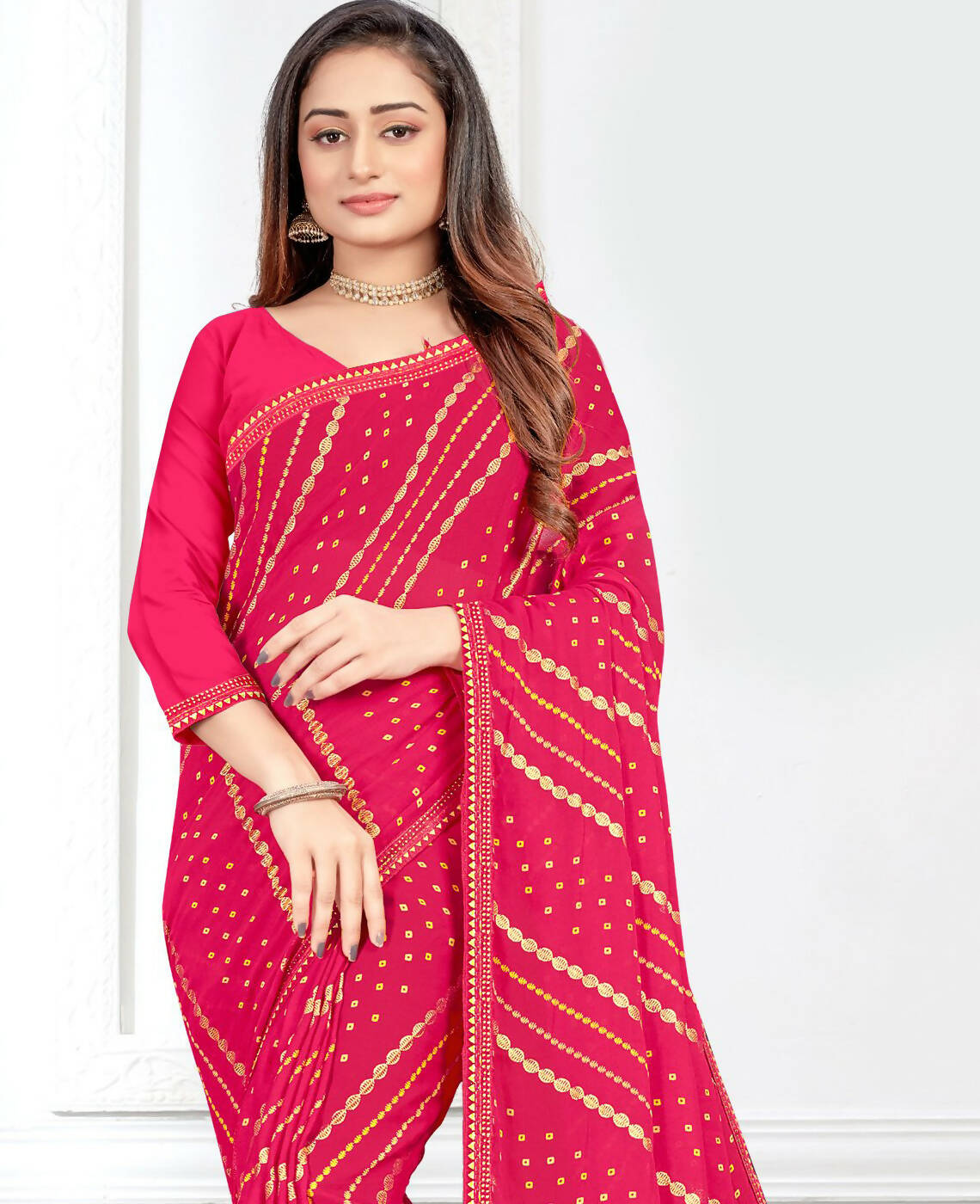 Pink Georgette Bandhani Printed Saree With Unstitched Blouse Piece - Jyoti | Grocsy