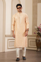 Raivat Ethnic Men's Art Silk Thread Work Kurta Pyjama In Peach Colour | Grocsy