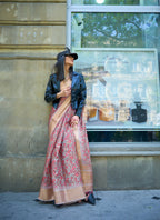 Grey Satin Organza Floral Woven Design Saree With Unstitched Blouse Piece - Klay's | Grocsy