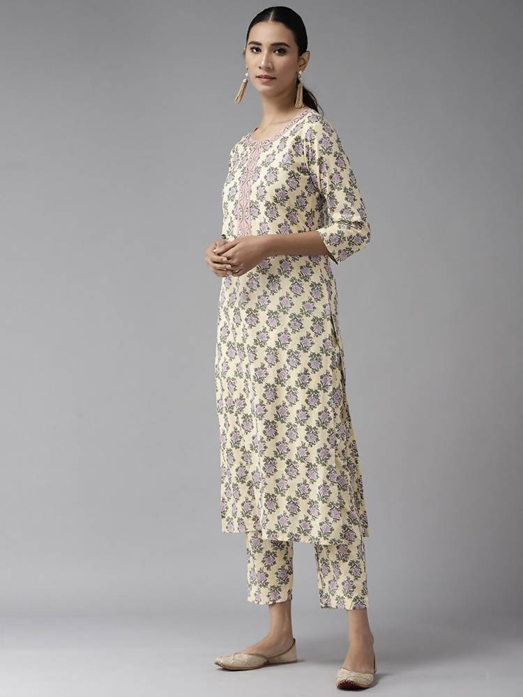 Yufta Women Yellow & Green Floral Handblock Printed Cotton Kurta with Trouser & Dupatta | Grocsy