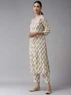 Yufta Women Yellow & Green Floral Handblock Printed Cotton Kurta with Trouser & Dupatta | Grocsy