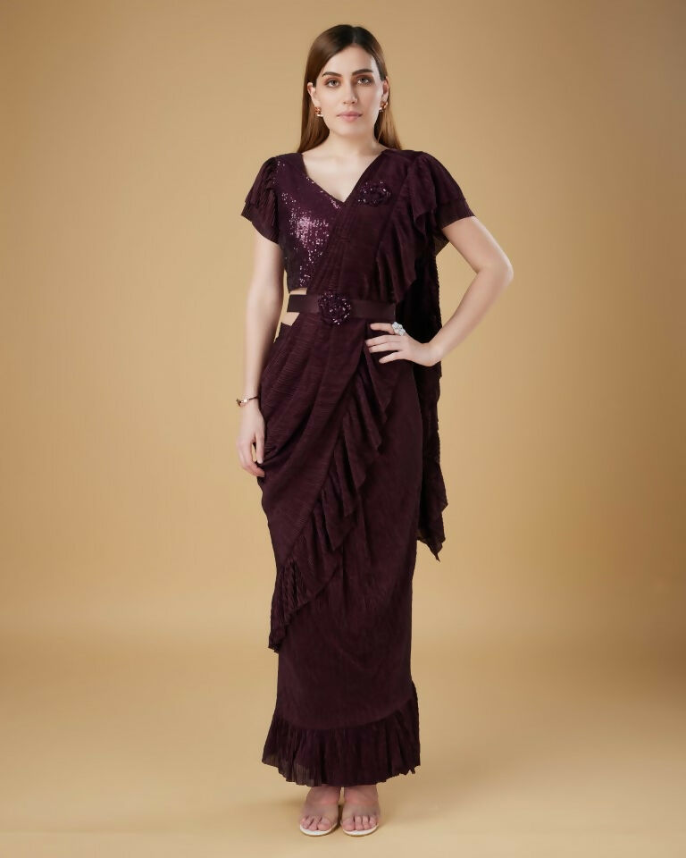 Wine Imported Crush Solid Ready to Wear Saree with stitched Blouse - Aayan | Grocsy