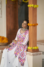 White Viscose Rayon Thread Embroidered with all over mirror work Navratri Lehenga Choli with Dupatta - Raas | Grocsy