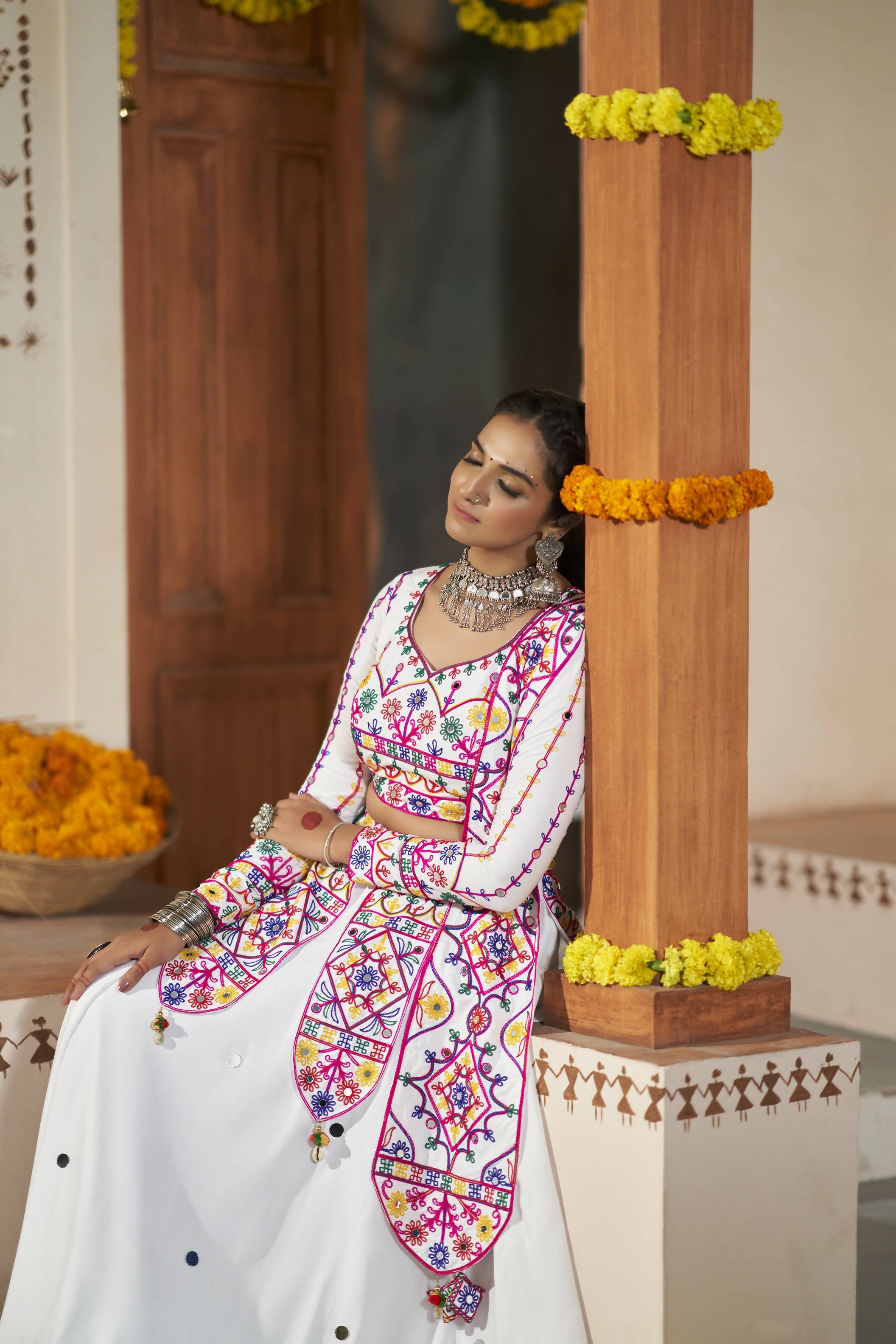 White Viscose Rayon Thread Embroidered with all over mirror work Navratri Lehenga Choli with Dupatta - Raas | Grocsy