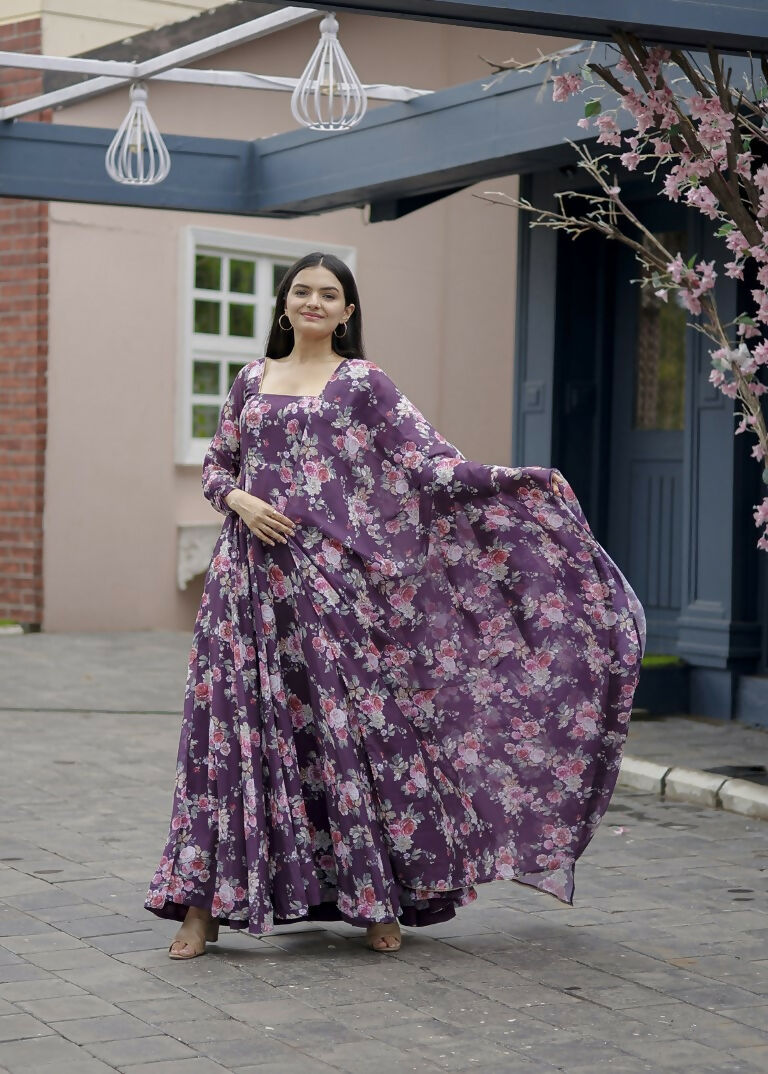 Jyoti Fashion Women's Wine Faux Georgette Floral Digital Printed Anarkali Dress with Dupatta | Grocsy