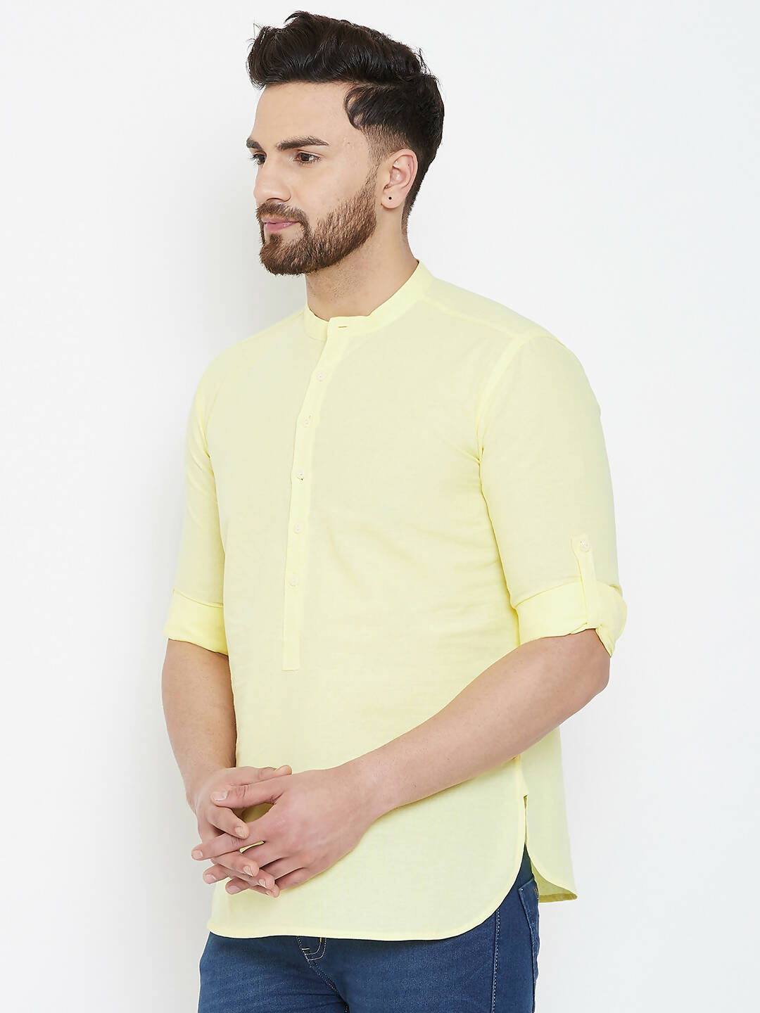 Even Apparels Yellow Color Band Collar Pure Cotton Men's Kurta | Grocsy