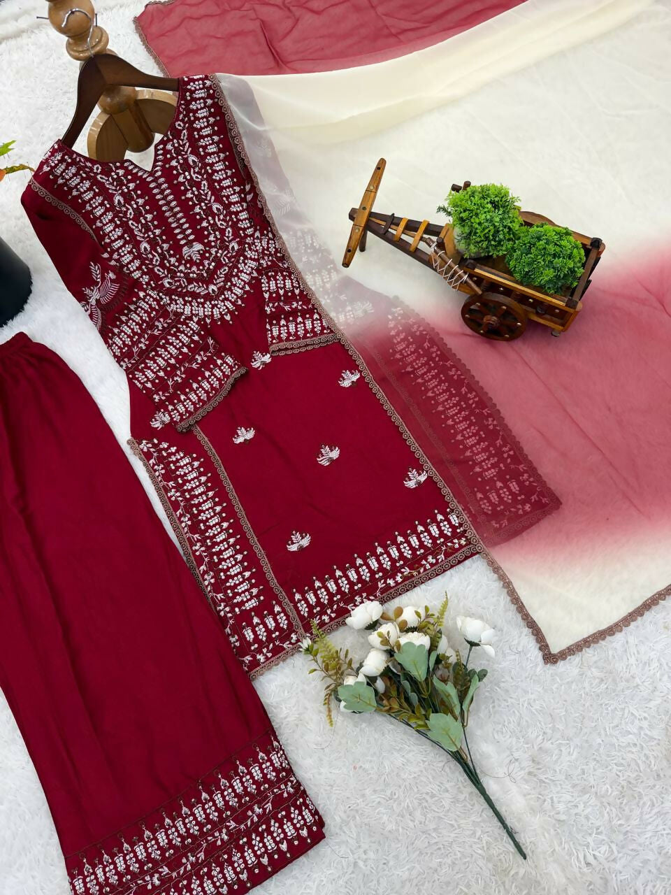 Teeya Creation Womens Trendy Stylish Embroidery Thread Work Maroon Kurta Set | Grocsy