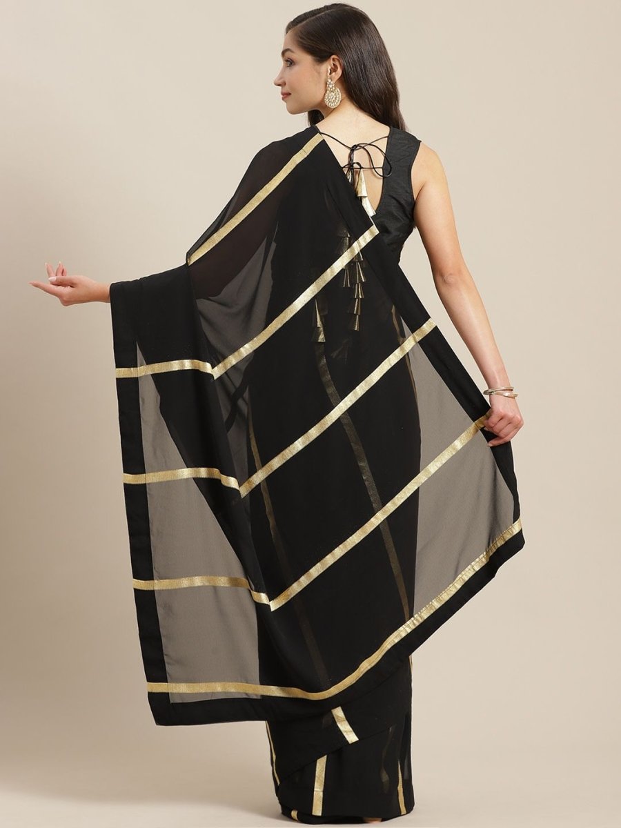 Ahalyaa Women's Black Georgette Gold Print Ready to Wear Saree | Grocsy