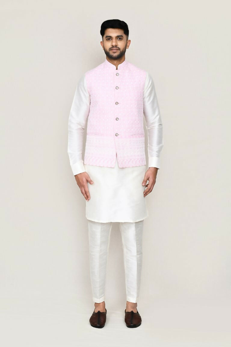 Joban Fashion White Colored Art Silk Fabric Kurta, Jacket With Straight Fit Pant | Grocsy