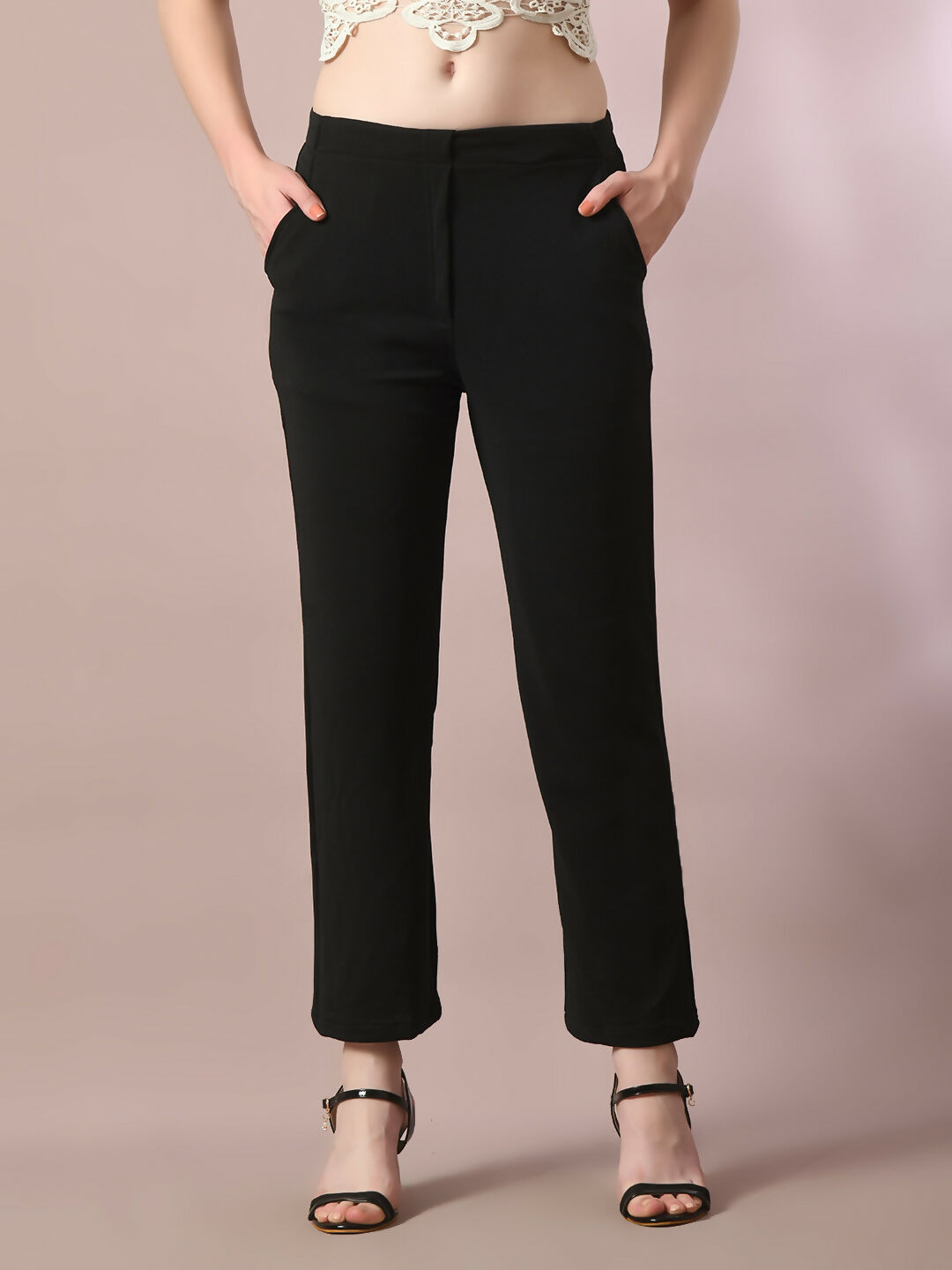 Myshka Women'sBlack Solid Party Straight Trousers | Grocsy