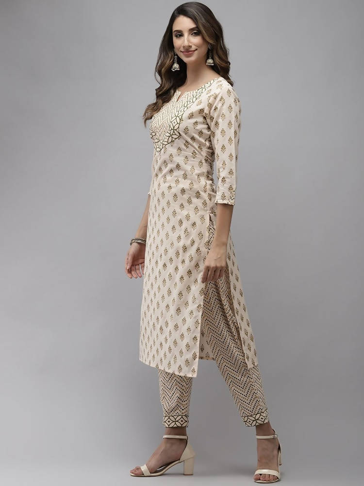 Yufta Women Beige & Green Ethnic Motifs Printed Cotton Kurta with Trouser With Dupatta | Grocsy