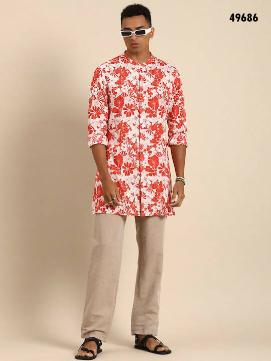 Red & White Men pure Cotton Floral Printed Straight Kurta - Mahotsav | Grocsy