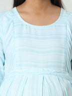 Manet Three Fourth Maternity Dress Striped With Concealed Zipper Nursing Access - Light Blue | Grocsy