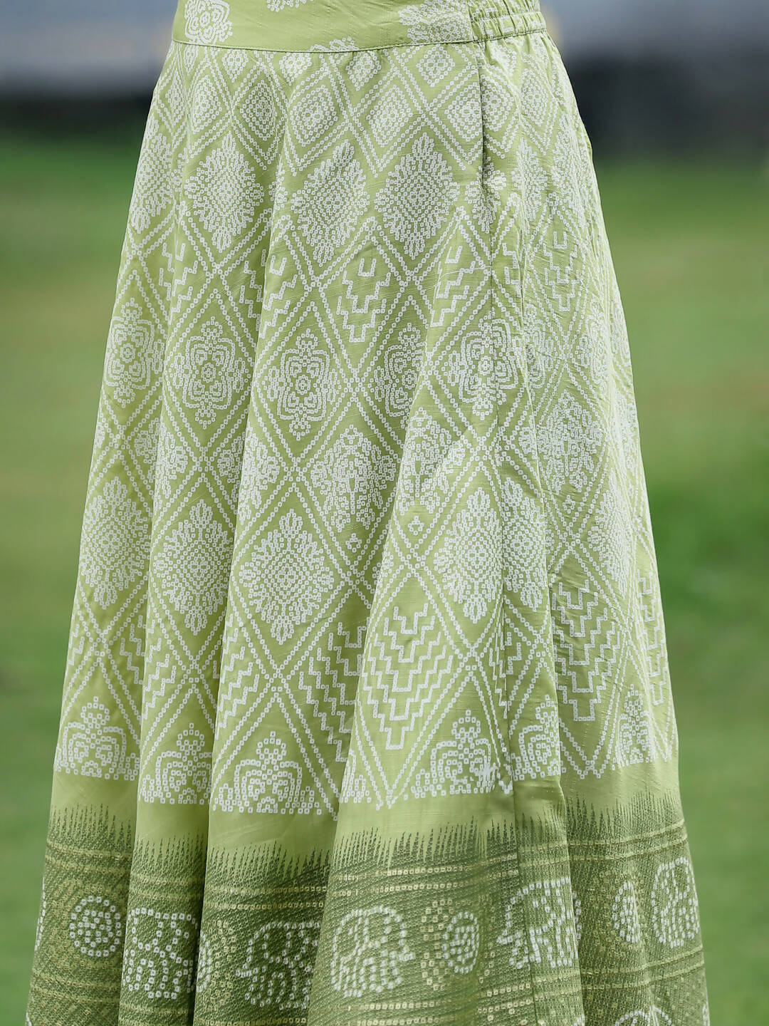 Juniper Green Santoon Slub Festive Foil Print Straight Lehnga Choli Set For Women | Grocsy