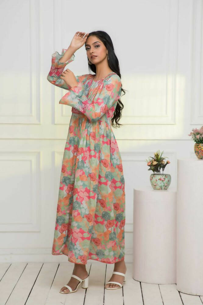 Myshka Women Multi Floral Rayon A-Line Round Neck Dress | Grocsy