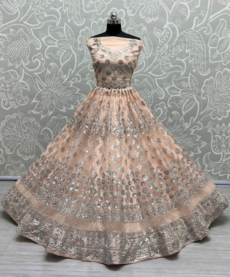 Jyoti Fashion Women's Peach Bridal Net Zari with Thread Embroidered Wedding Lehenga Choli | Grocsy