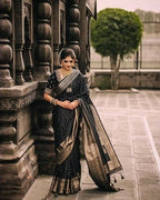 DEIANA'S Beautiful Designer Golden zari Soft Lichi Silk Saree - Black | Grocsy