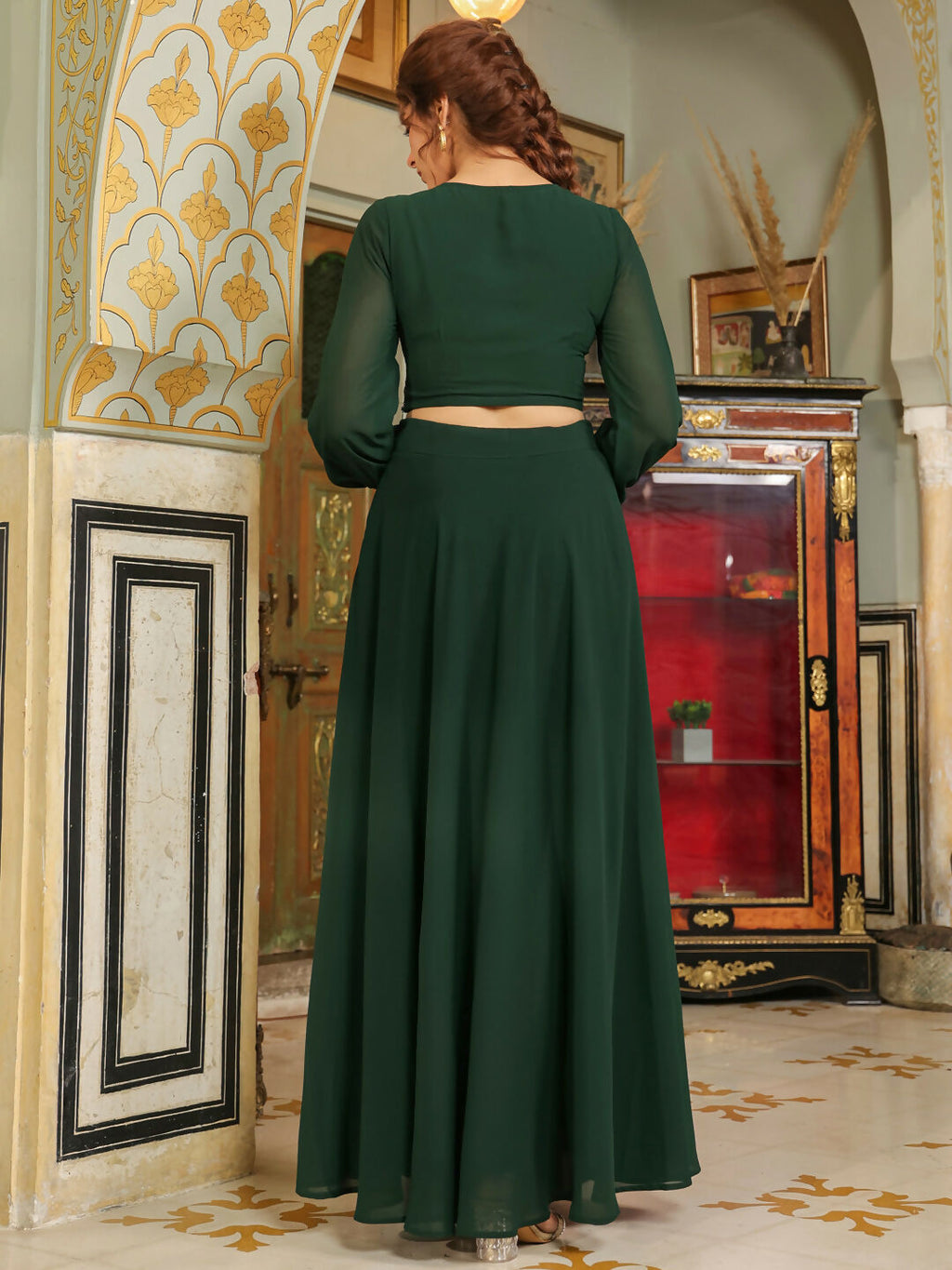 Janasya Dark Green Georgette Embroidered Top & Skirt | Grocsy