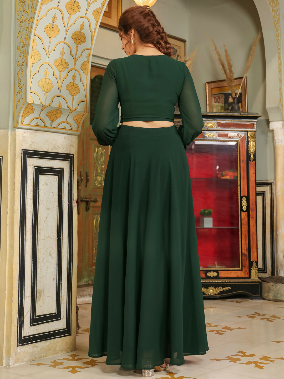Janasya Dark Green Georgette Embroidered Top & Skirt | Grocsy