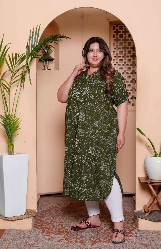 Miravan Womens Plus Size Pure Cotton Floral Printed Green Button Down A-Line Midi Dress | Grocsy