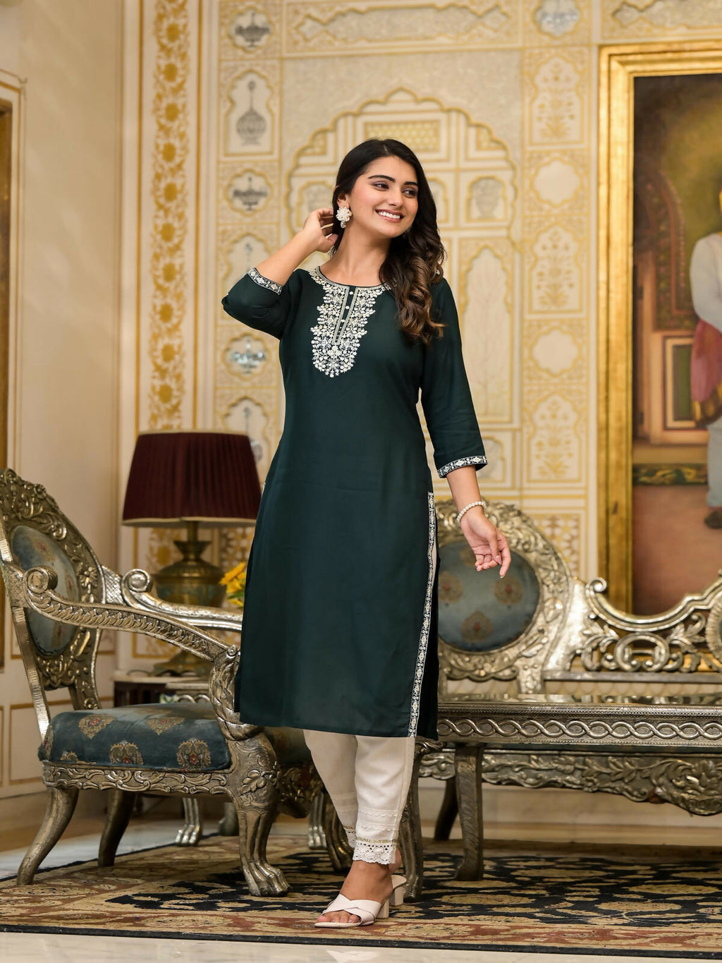 Juniper Women's Green Thread Embroidered Rayon Kurta | Grocsy