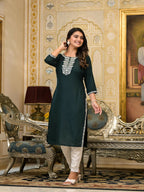 Juniper Women's Green Thread Embroidered Rayon Kurta | Grocsy