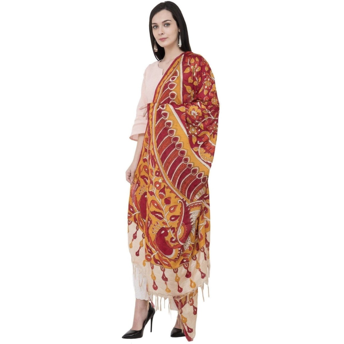 A R Silk Modal Kalamkari Print Orange Colour Fancy Dupatta | Grocsy