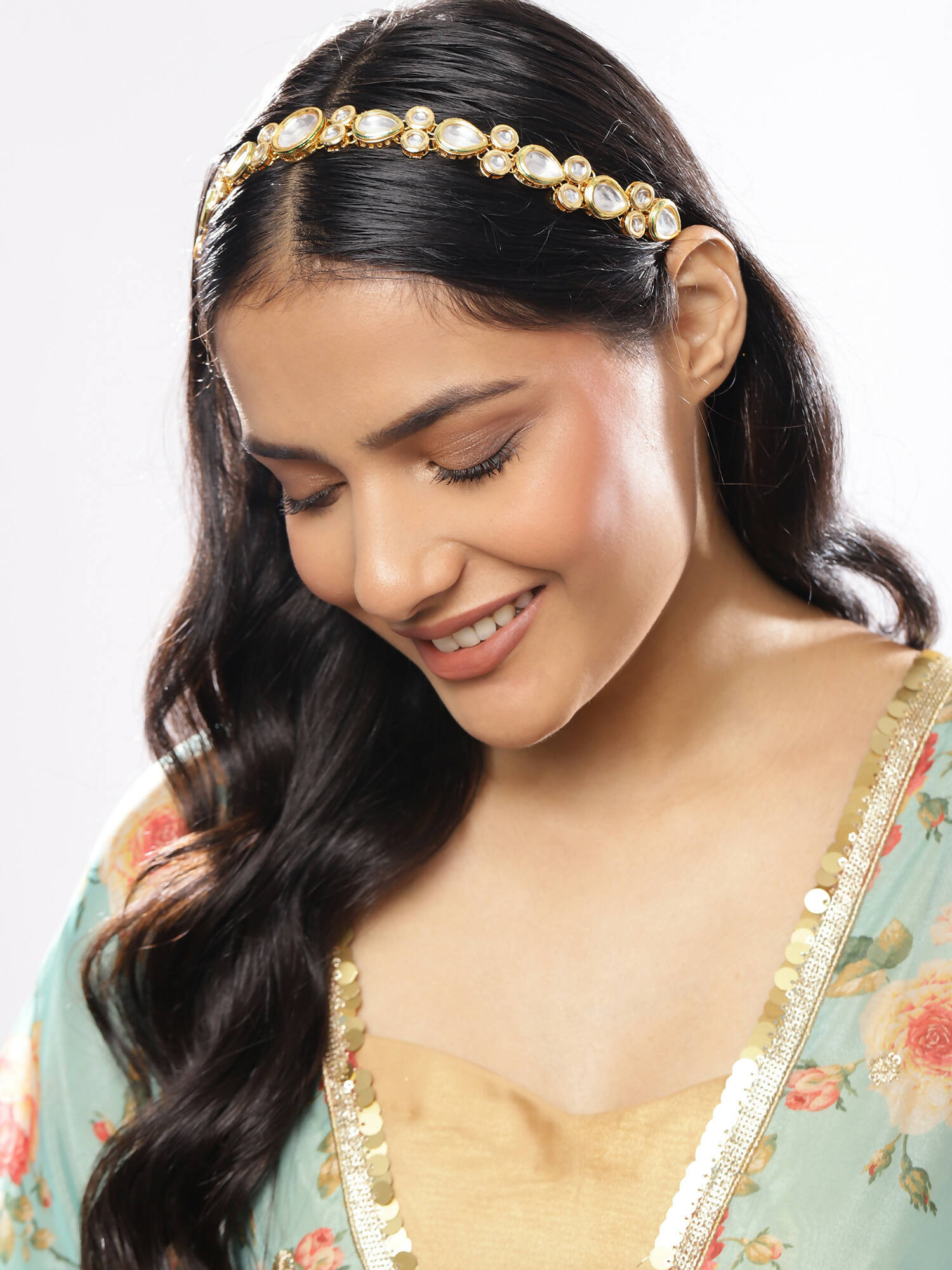 Gold-Polished White Kundan-Studded Hair Band - Ruby Raang | Grocsy