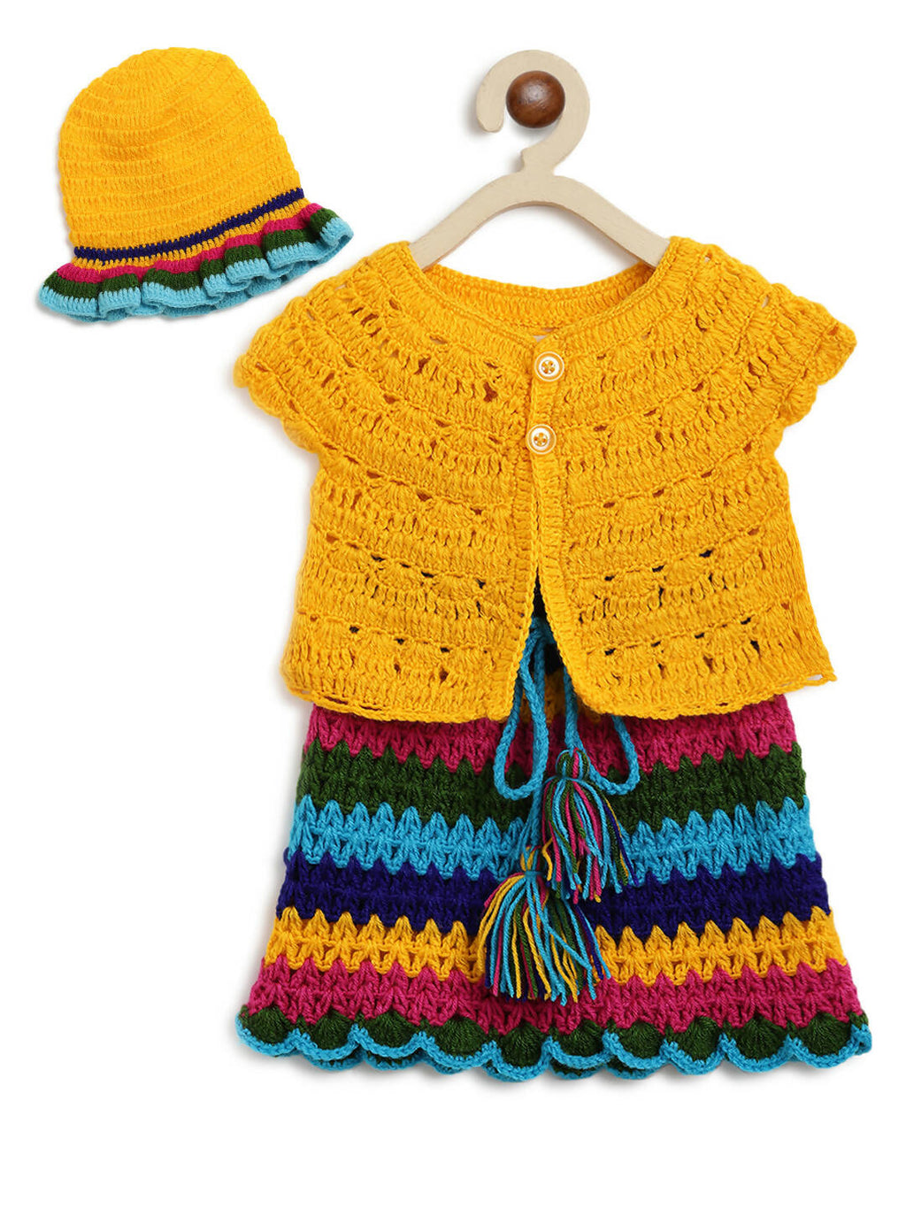 ChutPut Hand knitted Crochet HoneyBee Wool Dress For Baby Girls - Yellow | Grocsy