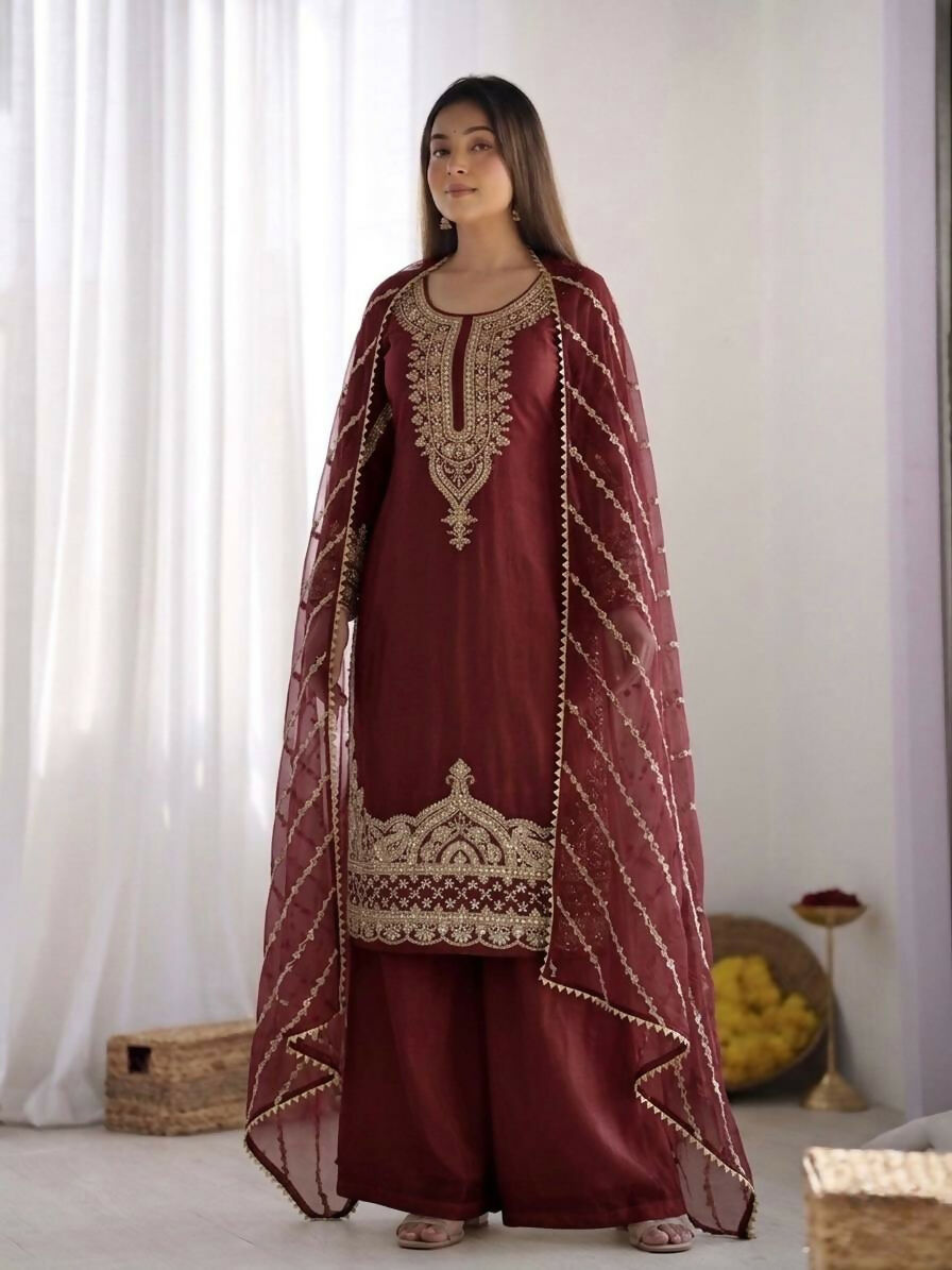 Teeya Creation Womens New Trendy Stylish Fancy Embroidery Beads Work Kurta Sharara Set For Wedding Wear - Red | Grocsy