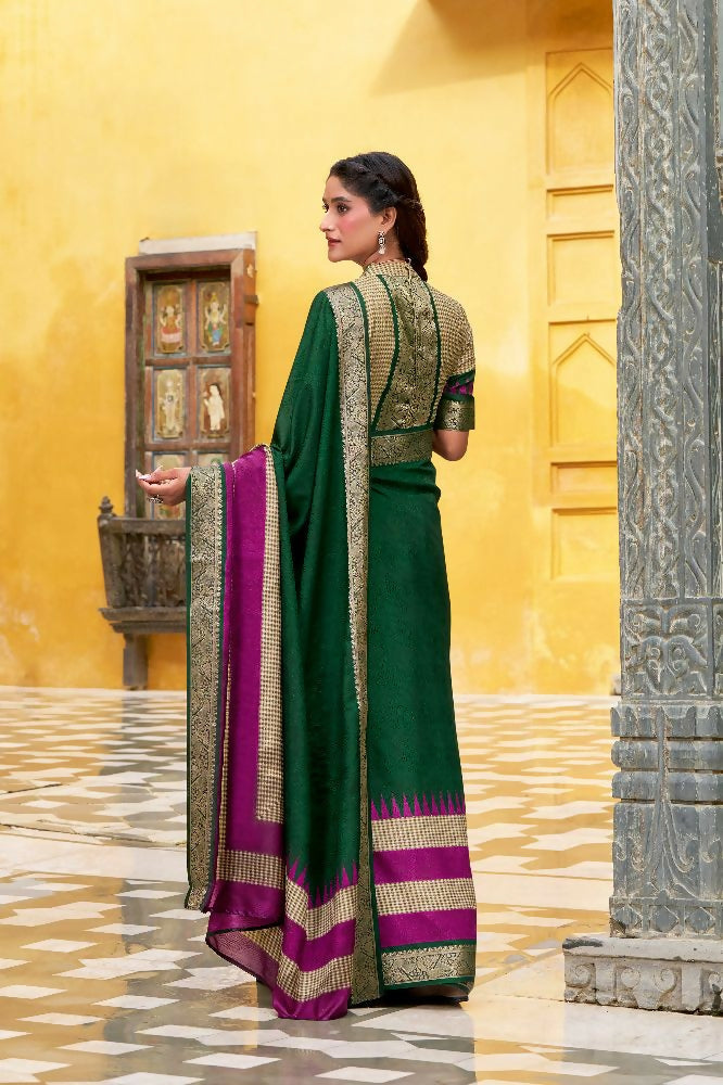 PR Fashion Green Poly Cotton Printed With Zari Weaving Work Saree | Grocsy