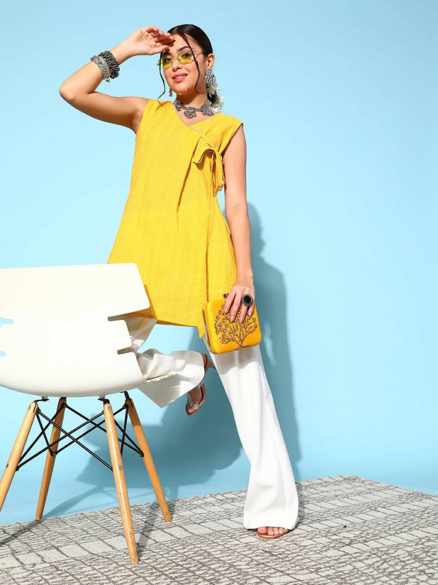 Ahalyaa Women Mustard Cotton Fluid Tie-Up Tunic | Grocsy