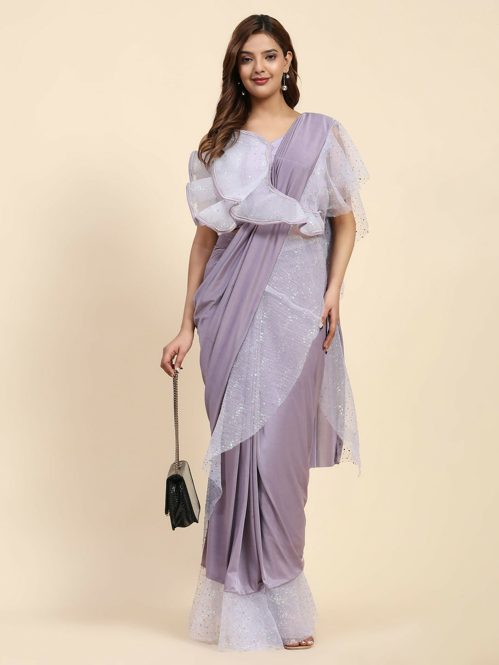 Light Purple Lycra Solid Ready to Wear Saree with stitched Blouse - Nita | Grocsy
