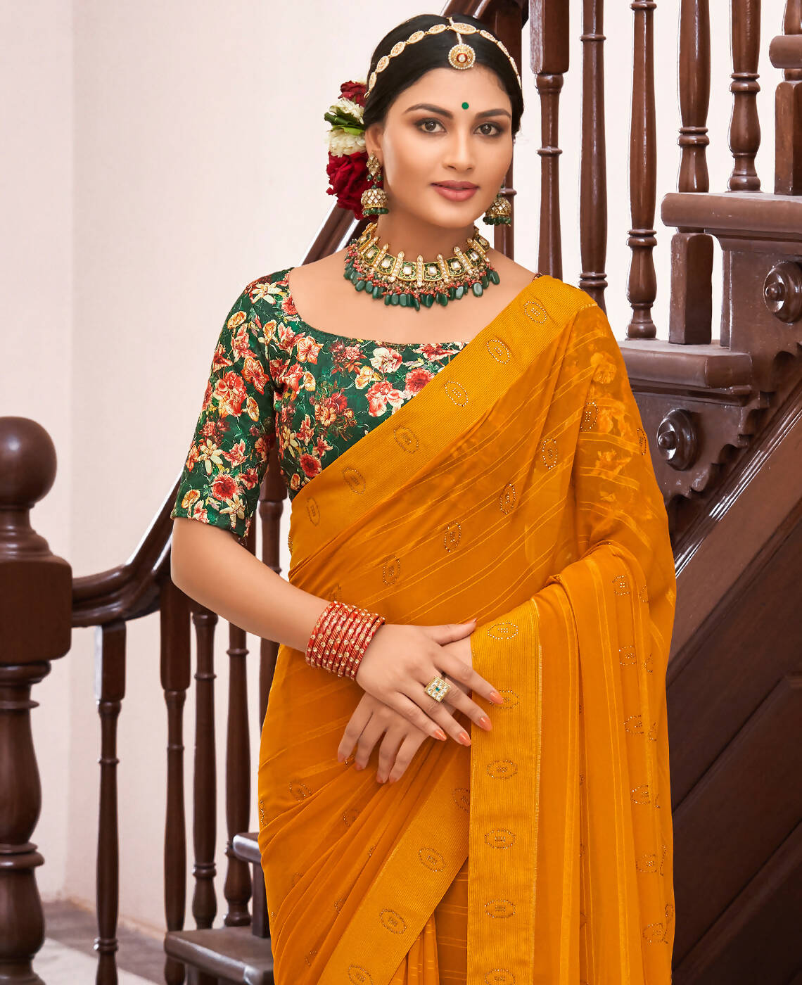 Mustard Georgette Swaroski Work Saree With Unstitched Blouse Piece - Juhi | Grocsy