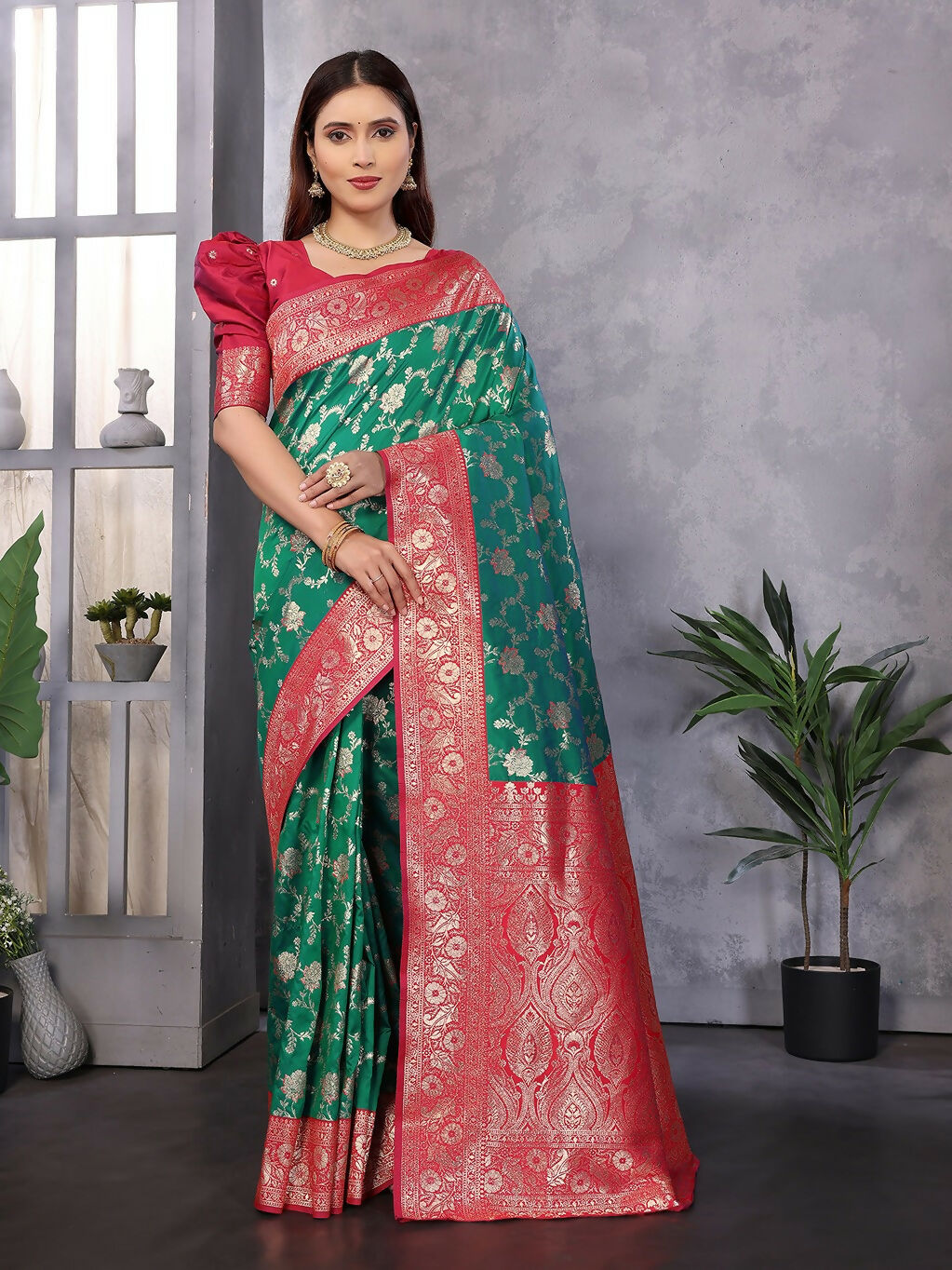 Joban Fashion Banarasi Green Woven Soft Silk Saree | Grocsy