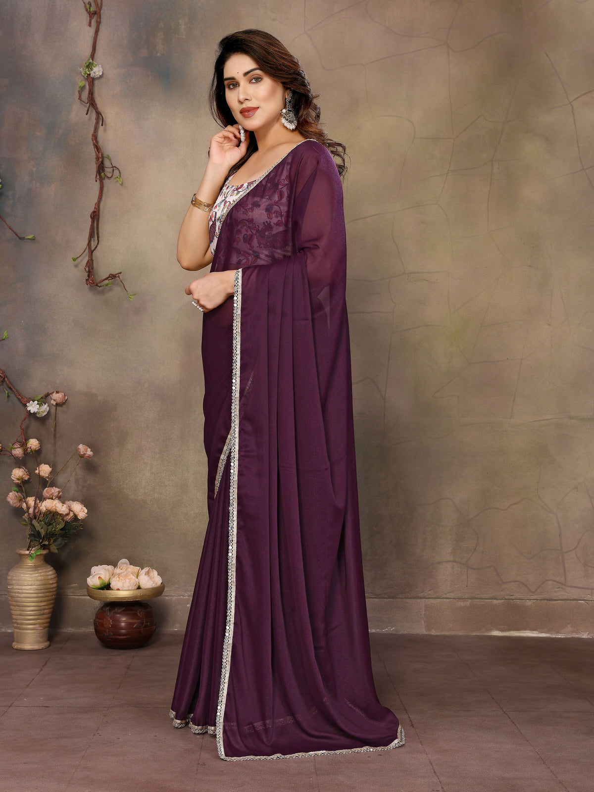 Partywear traditional Georgette Wine Fancy Saree - Anbazaar | Grocsy