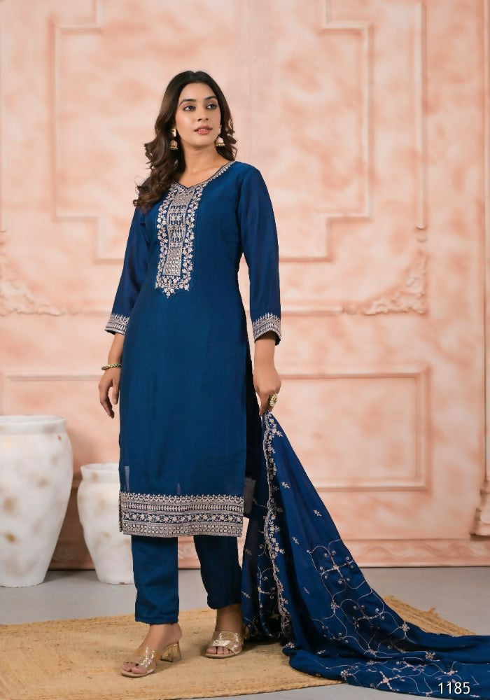 Ethnic Festive Wear Slik Petrol Stitched Suit With Dupatta - Anbazaar | Grocsy