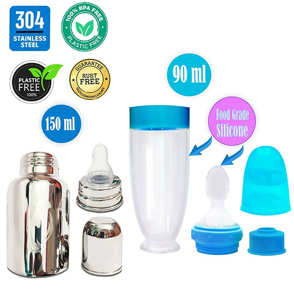 Goodmunchkins Stainless Steel Feeding Bottle for Baby Anti Colic Silicon Nipple Feeder 150 ml Combo Pack-Blue | Grocsy