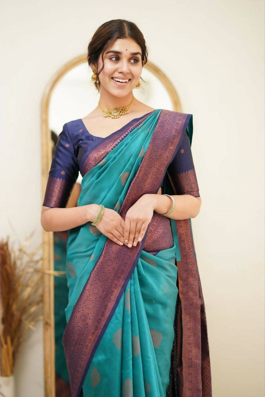 DEIANA'S Beautiful Designer Golden zari Soft Lichi Silk Saree - Sky | Grocsy