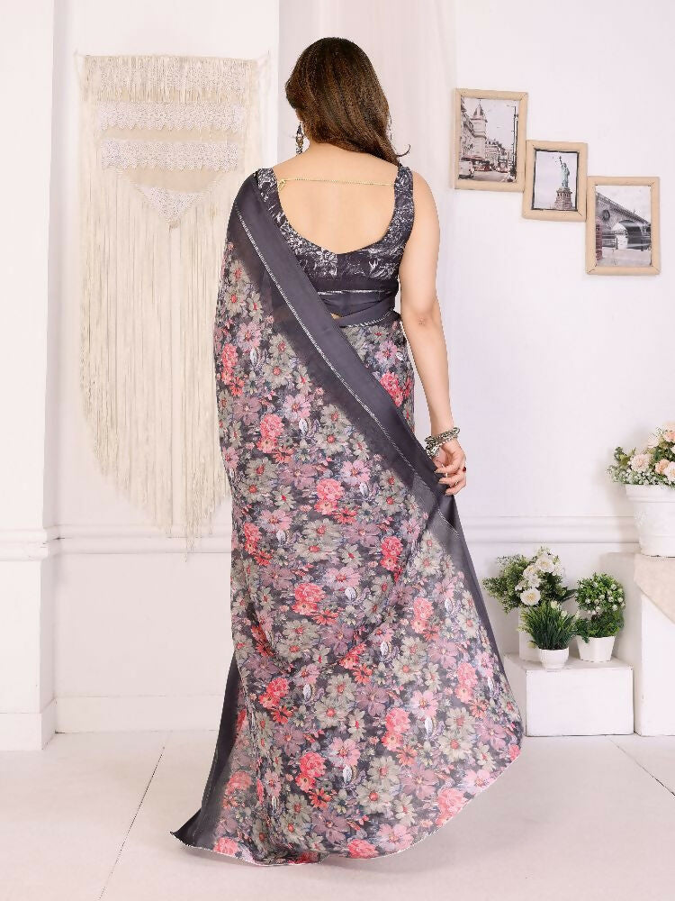 PR Fashion Black Bright Moss Satin Patta Printed Saree | Grocsy