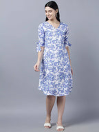 Myshka Women White Blue Printed A-Line Dress | Grocsy