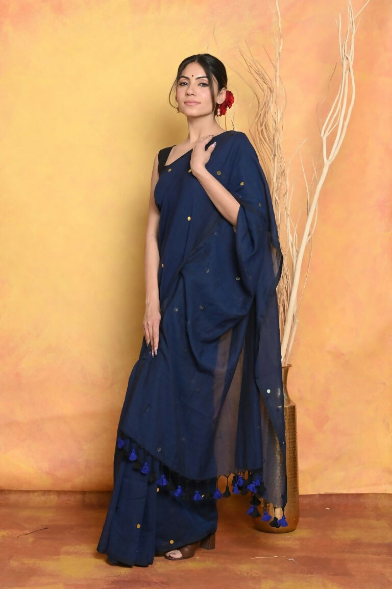 Very Much Indian Pure Mul Cotton Handloom Saree - Dark Blue | Grocsy