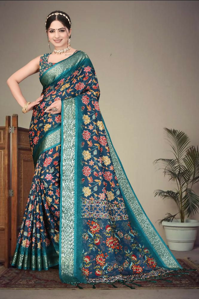 PR Fashion Multi Heavy Rich Cotton Silk Digital Print & Jacquard Saree | Grocsy
