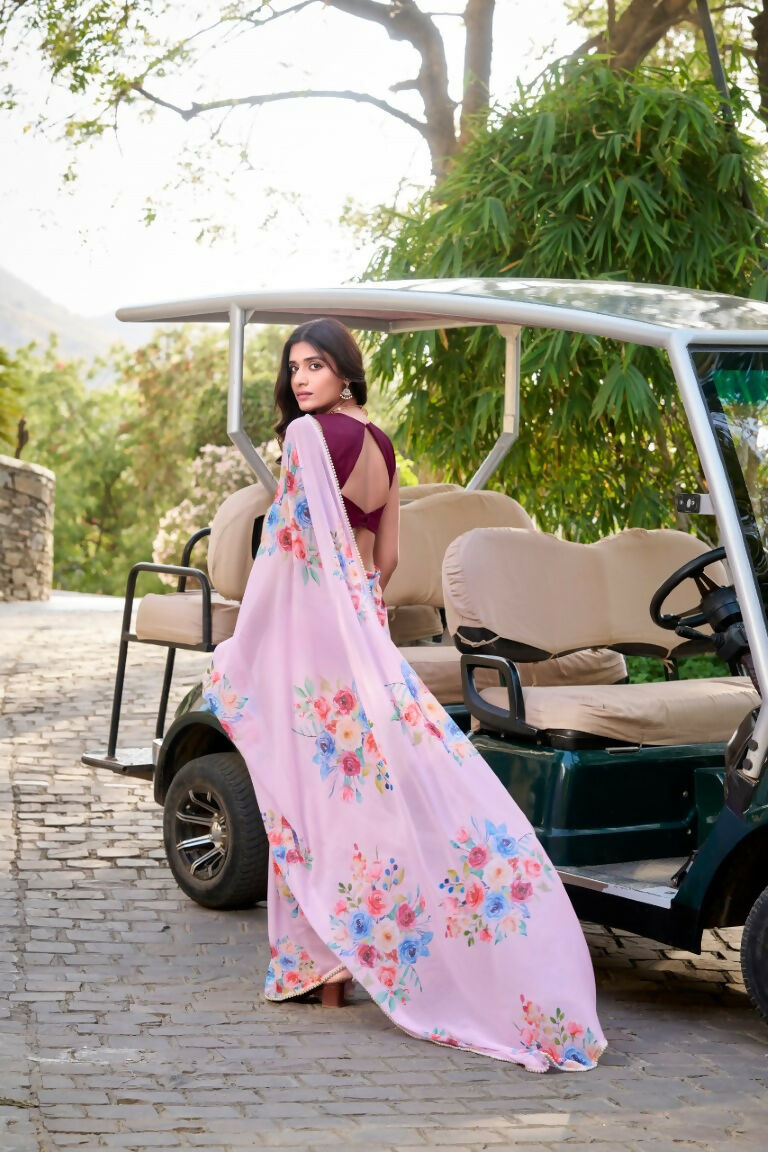 Vastranavya Baby Pink Weightless Marble Printed & Pearl Lace Border Saree with Unstitched Blouse | Grocsy